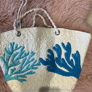 Chico's White Tote with Blue Coral Design